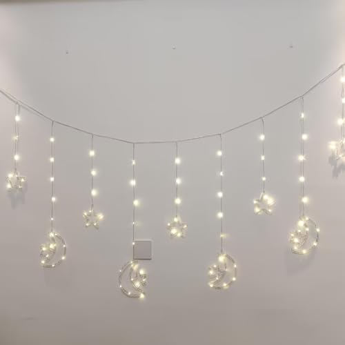 LED Ramadan Star Moon Light,Curtain String Light,115 LED Hanging Window Lights, USB Powered,8 Lighting Modes,Memory,6 Hours Timer,Decoration for Home Living Room Bedroom Balcony Christmas Wedding