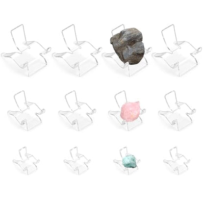 12 PCS Rock Display Stand Acrylic Clear Crystal Holder 3 Sizes Clear Plastic Display Easel Stands Mini DisplayStand for Small Collectibles Stones Rock Agate Coral Gemstone Geodes Mineral