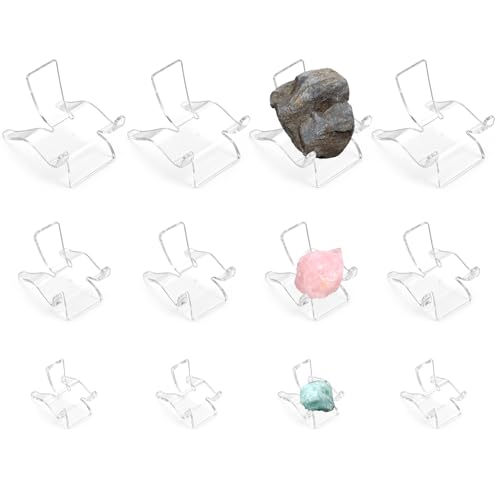 12 PCS Rock Display Stand Acrylic Clear Crystal Holder 3 Sizes Clear Plastic Display Easel Stands Mini DisplayStand for Small Collectibles Stones Rock Agate Coral Gemstone Geodes Mineral