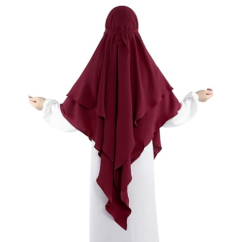 Khalat Muslim Prayer Hijab - 2 Layers Soft Breathable Islamic Dubai Women's Instant Long Hijab - color: Wine Red