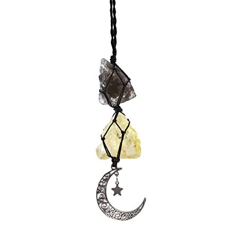 BOHO GARDEN Hanging Car Charm - Smoky Quartz & Citrine - Dangling Moon, Healing Crystal Accessories, Rearview Mirror Decorations ÐGrounding, Cleansing, Protection, Joy, Abundance, Clarity, Energy - color: Smoky Quartz-citrine
