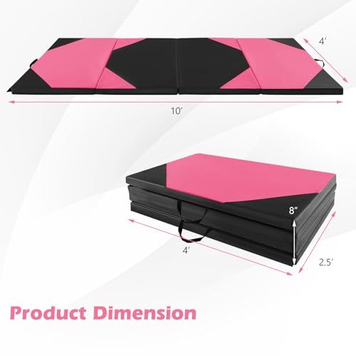 Goplus Folding Gymnastics Mat, 10’ x 4’ x 2’’ Thick Tumbling Mats with PU Leather, Hook & Loop Fasteners, Portable Handles, 4-Panel Exercise Mat for Home Gym Workouts, Yoga - color: Black+Rose