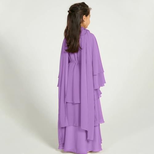 IDOPIP Muslim Girls Abayas Dress for Kids Long Sleeve Chiffon Islamic Kaftan Robe Open Front Cardigan Prayer Dress with Hijab - color: Purple, size: 3-4T