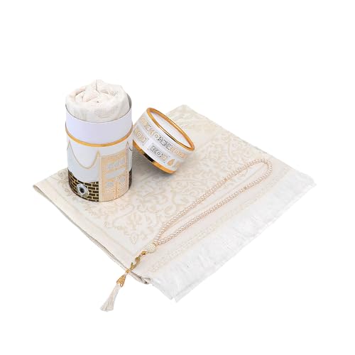 FURKAN Muslim Prayer Rug & Beads Set with Stylish Cylinder Gift Box Janamaz Sajadah Prayer Mat Perfect Islamic Spiritual Gift for Ramadan Islamic, Cylinder Gift Box - Model 2 - White - color: White