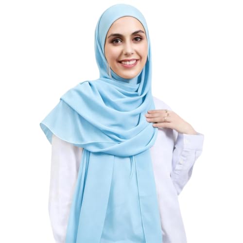 Instant Hijab Set 3-in-1 Chiffon Hijab Scarf for Women with Built-in Magnets and Undercap Head Wraps - color: Light Blue
