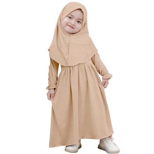 IWEMEK 2PCS Newborn Baby Girls Muslim Abaya Prayer Dress with Hijab Islamic Middle East Arab Dubai Robe Ramadan Eid Clothes - color: Champagne, size: 6-12 Months