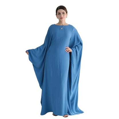 Abaya Muslim Women Dress Batwing Sleeve Loose Maxi Modest Islamic Clothes Prayer Dress with Hijab Scarf - color: Blue