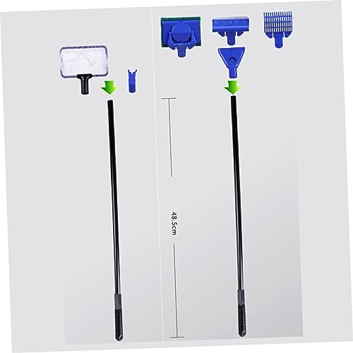 LIOOBO Five One Aquarium Fish Tank Brush Cleaning Kit Long Handle Fish Net Rake Scraper Clip for Effortless Cleaning of Aquariums Blue