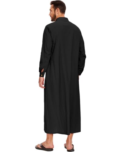 LVCBL Thobe for Men Long Sleeve Kaftan Muslim Thobe Button Down Long Gown Caftan with Pockets - color: Black, size: X-Large