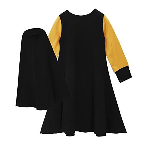 IBTOM CASTLE Abaya for Girl Kids Hijab Scarf Muslim Dress Two-piece Ramadan Prayer Clothes Islamic Arabic Kaftan Khimar Robe - color: Black - Yellow, size: 1-2T