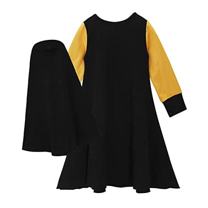 IBTOM CASTLE Abaya for Girl Kids Hijab Scarf Muslim Dress Two-piece Ramadan Prayer Clothes Islamic Arabic Kaftan Khimar Robe - color: Black - Yellow, size: 1-2T