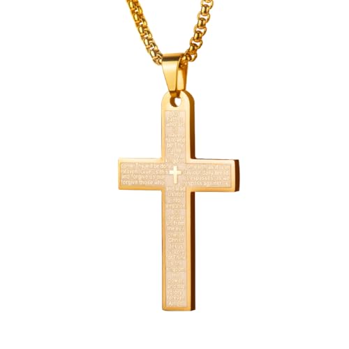 Pendant Cross for Car Rear View Mirror Necklace for Men Charm Car Mirror Hanging Accessories Ornament Stainless Steel Lord's Prayer Cross Necklace With Bible Verse - color: Gold