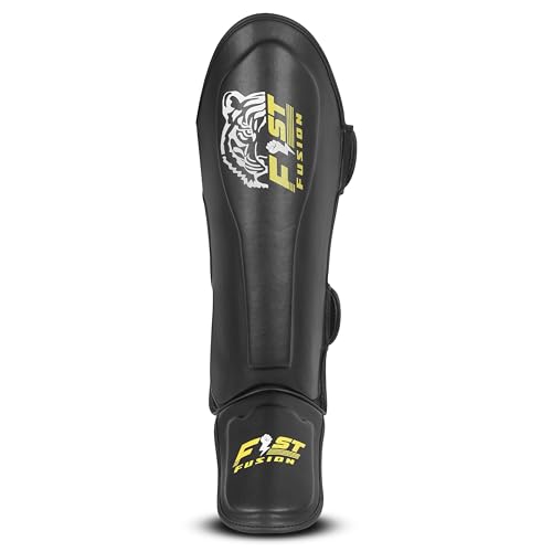 FF MMA Shin in Step Guards Padded Muay Thai Leg Protection for Kickboxing Training Sparring Leg Guards Adjustable Boxing Shininstep x2 - color: Black (Yellow Logo), size: Small-Medium
