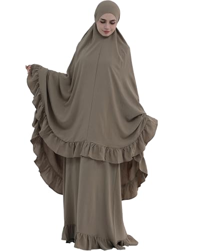 Abaya 2pcs Muslim Prayer Dress Sets with Islamic Hijab Scarf Two-Piece Full Length Dress Plus Size for Ramadan - color: Khaki, size: Medium