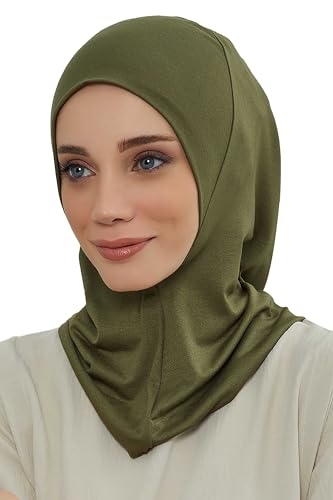 Aisha's Design Instant Turban 95% Cotton Head Scarf Headwear Combed Cotton Ninja Cap, Slip on Jersey Hijab - color: Olive Green