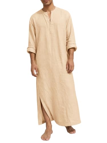 Runcati Mens Kaftan Robe Linen Long Sleeve Thobe Kurta Muslim Gown Shirt - color: Beige, size: Large