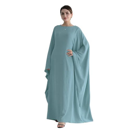 Abaya 무슬림 여성용 드레스 배트윙 슬리브 루즈핏 맥시 겸손한 이슬람 의류 히잡 스카프 포함 기도 드레스 - color: 연한 녹색.