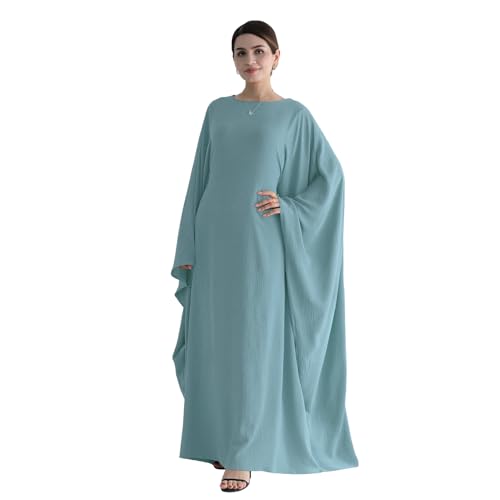 Abaya Muslim Women Dress Batwing Sleeve Loose Maxi Modest Islamic Clothes Prayer Dress with Hijab Scarf - color: Light Green
