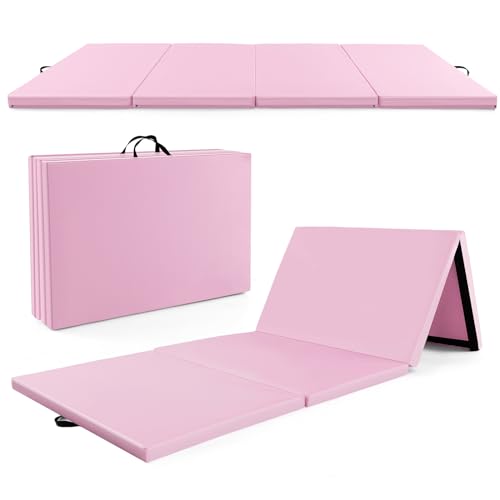 Goplus Folding Gymnastics Mat, 10’ x 4’ x 2’’ Thick Tumbling Mats with PU Leather, Hook & Loop Fasteners, Portable Handles, 4-Panel Exercise Mat for Home Gym Workouts, Yoga - color: Pink