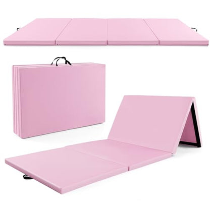 Goplus Folding Gymnastics Mat, 10’ x 4’ x 2’’ Thick Tumbling Mats with PU Leather, Hook & Loop Fasteners, Portable Handles, 4-Panel Exercise Mat for Home Gym Workouts, Yoga - color: Pink