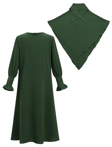 IDOPIP Muslim Dress for Girls Islamic Prayer Abaya Smocked Long Sleeve Kaftan Robe Dresses with Hijab Ramadan Dubai Outfits - color: Dark Green, size: 11-12 Years
