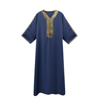 RTTUIOP Men's Muslim Clothes Lace Sleeves V-Neck Thobe Middle East Kaftan Saudi Arab Caftans Islamic Abaya Dress - color: 01-navy, size: Small