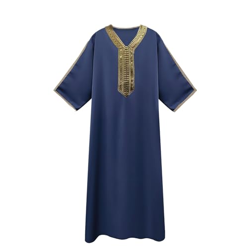 RTTUIOP Men's Muslim Clothes Lace Sleeves V-Neck Thobe Middle East Kaftan Saudi Arab Caftans Islamic Abaya Dress - color: 01-navy, size: Small