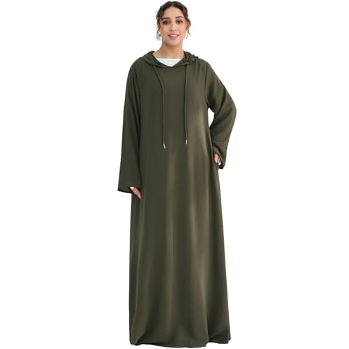 Muslim Abaya Dress for Women Lightweight Hoody Pockets Islamic Prayer Robe - color: Army Green, size: Medium