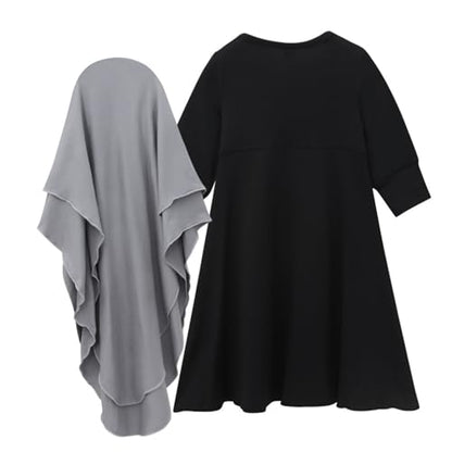 Muslim Dress for Girl Abaya Kaftan Kids Islamic Prayer Clothes Long Sleeve Dress Dubai 2026 Ramadan Hijab Sets - color: Gray, size: 1-2T