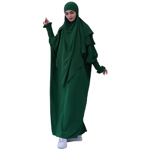 khalat Womens Muslim Prayer Dress Front Zipper Kaftan Islamic Robe Modest Solid Abayas for Women Muslim - color: Dark Green+hijab