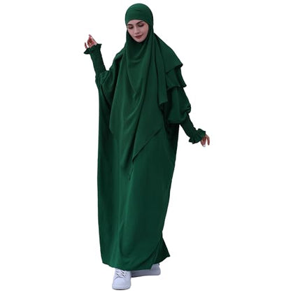 khalat Womens Muslim Prayer Dress Front Zipper Kaftan Islamic Robe Modest Solid Abayas for Women Muslim - color: Dark Green+hijab
