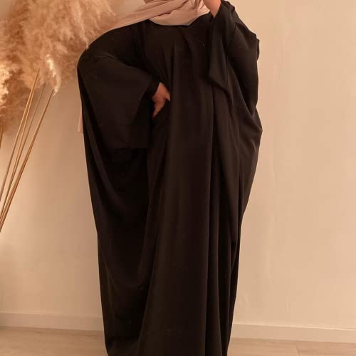 Muslim Dresses for Women, Long Sleeve Eid Islamic Prayer Jilbab Khimar Cardi Robe Middle East Maxi Abaya Dress - color: Black