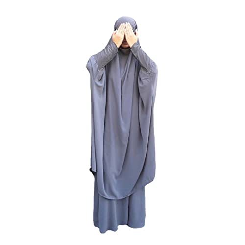 Womens Muslim Abaya Solid Prayer Dress Islamic Maxi Kaftan with Hijab Dubai Full Length 2 Piece Dress - color: White