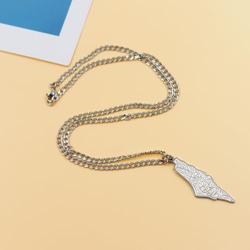 Palestine Map Arabic Script Pendant Necklace Stainless Steel Islamic Jewelry for Men and Women YA5136 - color: white