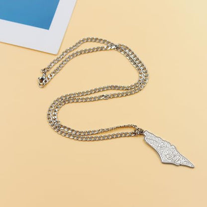 Palestine Map Arabic Script Pendant Necklace Stainless Steel Islamic Jewelry for Men and Women YA5136 - color: white
