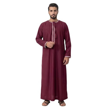 Kaftan for Men Muslim Gown Islamic Thobe Shirts Ramadan Abaya Dubai Arab Robe Long Sleeve Middle Eastern Kaftan - color: Wine Red, size: Large