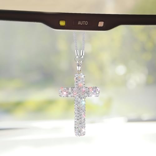 ZIMISI Bling Cross Car Hanging Ornament, Crystal Rhinestone Car Rearview Mirror Pendant for Women, Diamond Rear View Mirror Charm Present, Universal Vehicle Interior Decoration Accessory (White) - color: White