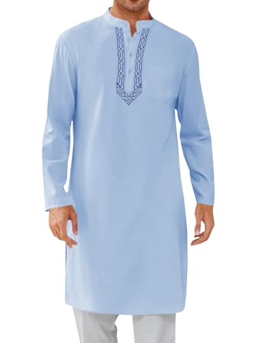 Runcati Mens Kaftan Thobe Button Down Casual Henley Shirts Long Sleeve Robe Cotton Linen Muslim Gown Shirt - color: Sky Blue, size: XX-Large
