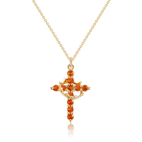Robaice Upgraded Crown Cross Necklace for Women, 14K Gold Plated - color: M07 Ruby Red, Jul