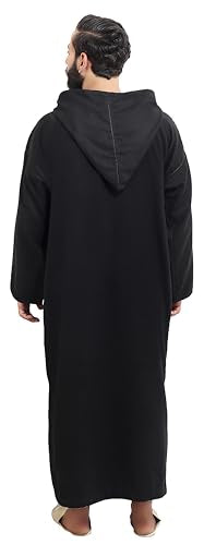 Moroccan Men Djellaba with Hood – Handmade Winter Jellaba Cotton Kaftan with Delicate Embroidery, Caftan Fits L–XL - color: Black