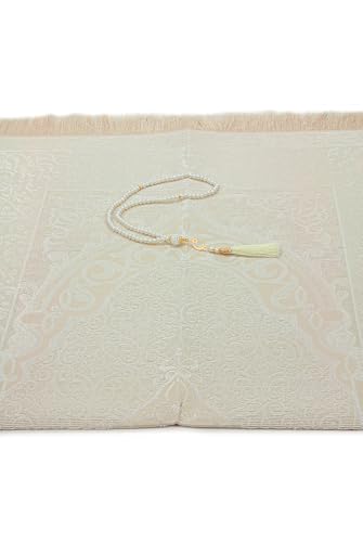 ihvan online Muslim Prayer Rug with 99 Beads Tasbih & Travel Bag, Soft Taffeta Sajadah, Lightweight & Foldable Janamaz, Portable Prayer Mat, Islamic Gift for Eid, Ramadan, Hajj & Umrah, Ecru - color: Ecru