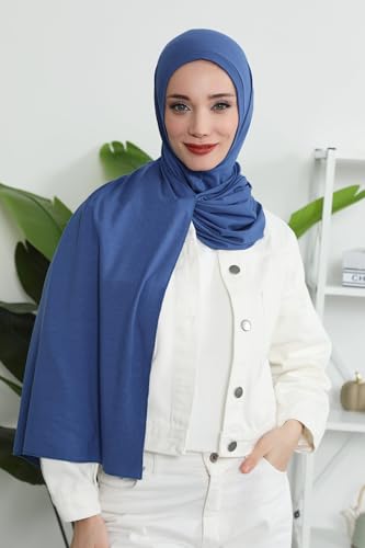 Aisha's Design Jersey Shawl for Women Instant 95% Cotton Modesty Turban Cap Hat Head Wrap Cotton Scarf - color: Indigo