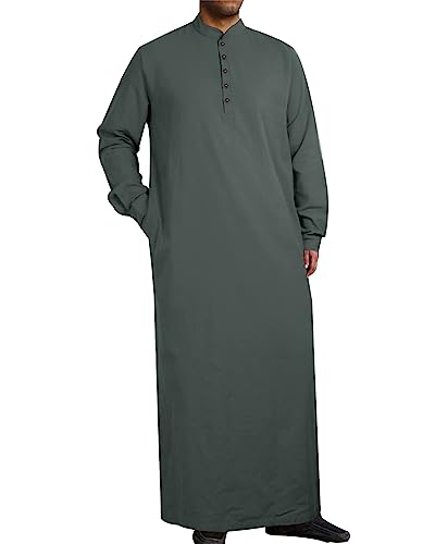 Jacansi Men's Muslim Buttoned Thobe Long Tunic, Oversized & Extra Long, Arabic Style with Pockets - color: Dark Grey, size: 3X-Large