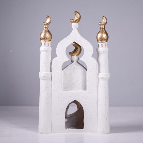 Ramadan Eid Home Decorations for Home 2025 Gold and White Mosque Tower Islamic Eid Mubarak decore - size: 6.3*2.36*10.63in