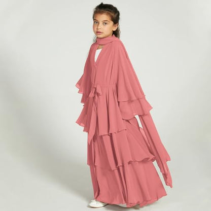 IDOPIP Muslim Girls Abayas Dress for Kids Long Sleeve Chiffon Islamic Kaftan Robe Open Front Cardigan Prayer Dress with Hijab - color: Pink, size: 5-6 Years