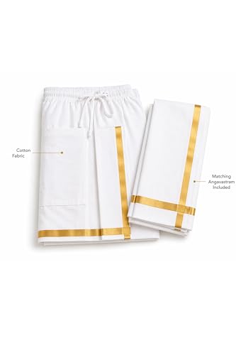 Chandrakala Readymade Pocket Dhoti and Angavastram with Golden Border for Men's (MK116-P) - size: XX-Large