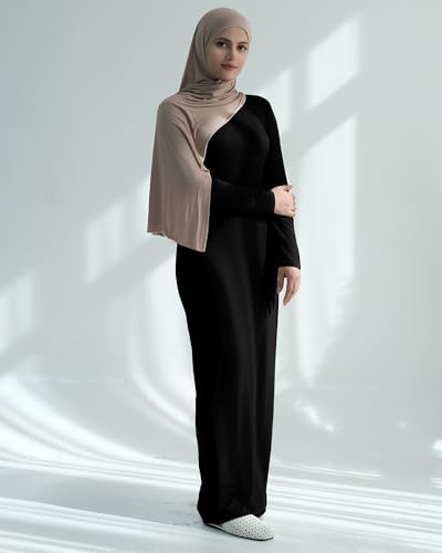 Modal Cotton Abaya Women Long Sleeve Prayer Dress Soft Stretch Islamic Clothes Elegant Robe For Eid, Ramadan, Umrah, Hajj - color: Black, size: Medium-Large