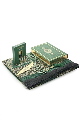 ihvan online Prayer Gift Set for Men & Women, Thin Soft Muslim Prayer Rug, Salah Mat, Beads Taasbih, Arabic Holy Quran, Islamic Gift Set for Ramadan & Eid, Green