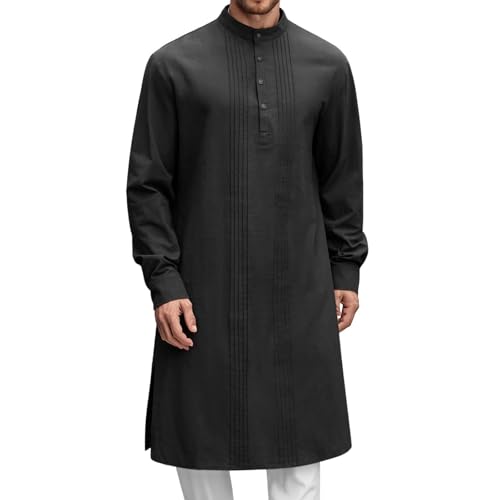 Men’s Thobe Muslim Islamic Robe Kaftan Long Sleeve Arabic Jubba Side Split Henley Neck Cotton Dress A17 - color: Black, size: 3X-Large