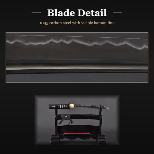 Musashi Crest Tanto, 1045 Carbon Steel Hand Forged Full Tang Japanese Sword | hand-sharpened for tameshigiri, wavy temper, bo-hi groove, openwork guard, rayskin grip